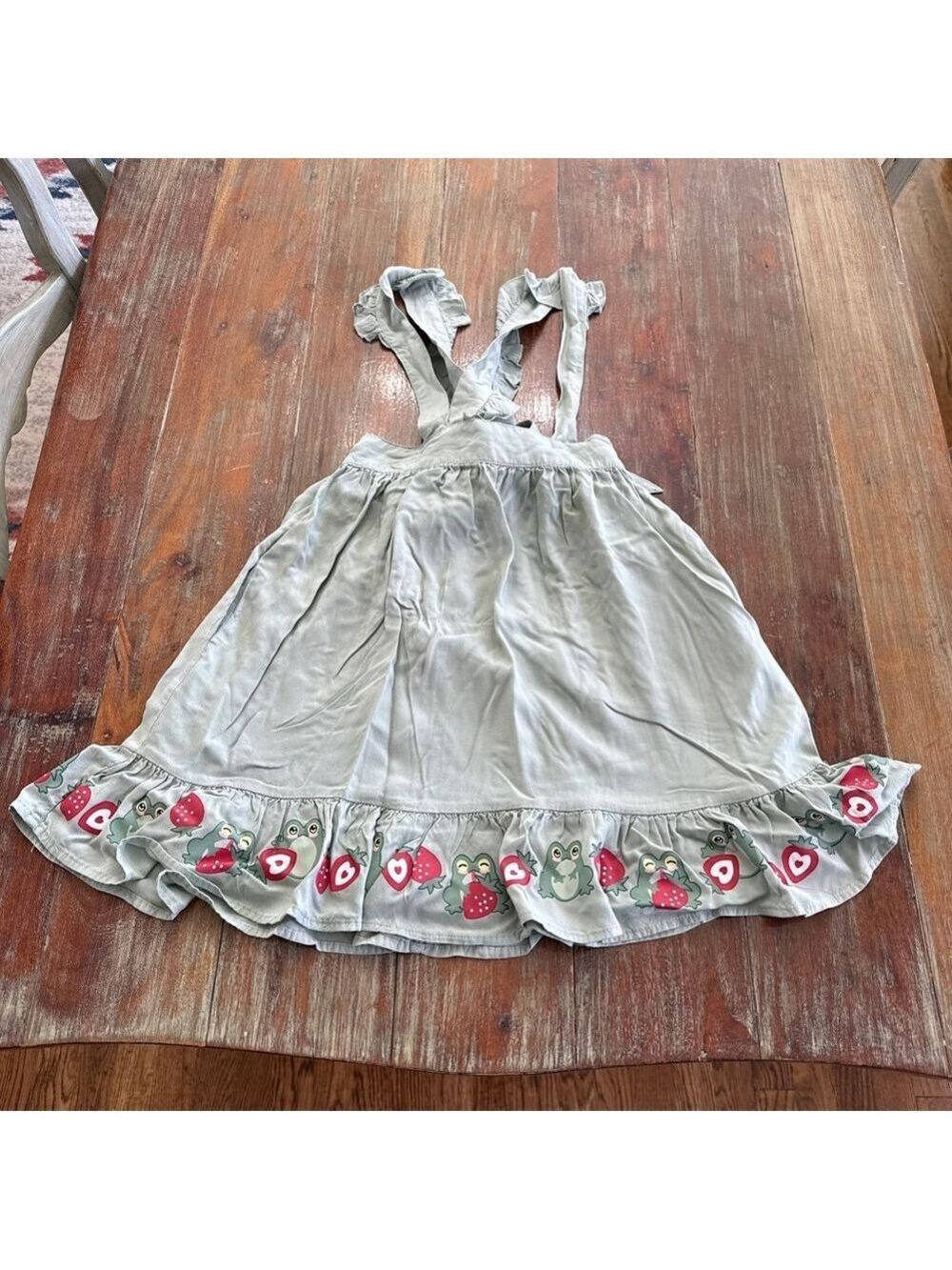 Hot Topic Frog & Strawberry Overall Dress - Sage Green Ruffle Hem - XS